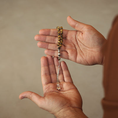 Işık - Antik Fosilli Damla Kehribar Tesbih (Gümüş Nakkaş İşçilik İmame) - WATE032