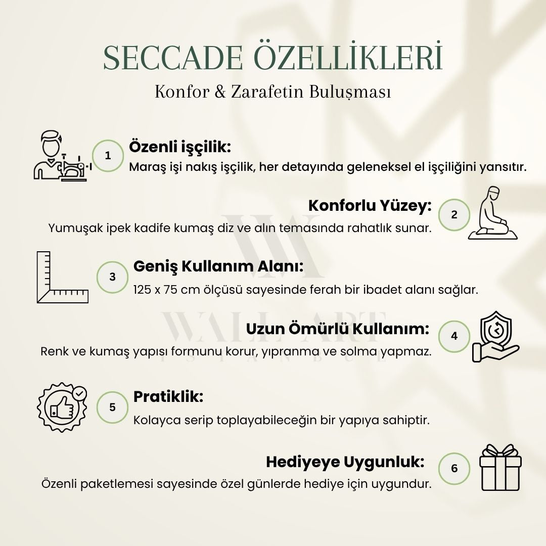 Siyah Renk İpek Kadife Kumaş Seccade (Altın Renk Maraş İşi Nakış) - WAS019