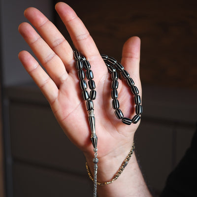 Orijinal 8li Yarma Erzurum Oltu Taşı Tesbih (Gümüş İmame Nakkaş İşçilik - Özel Püskül) - WATD028