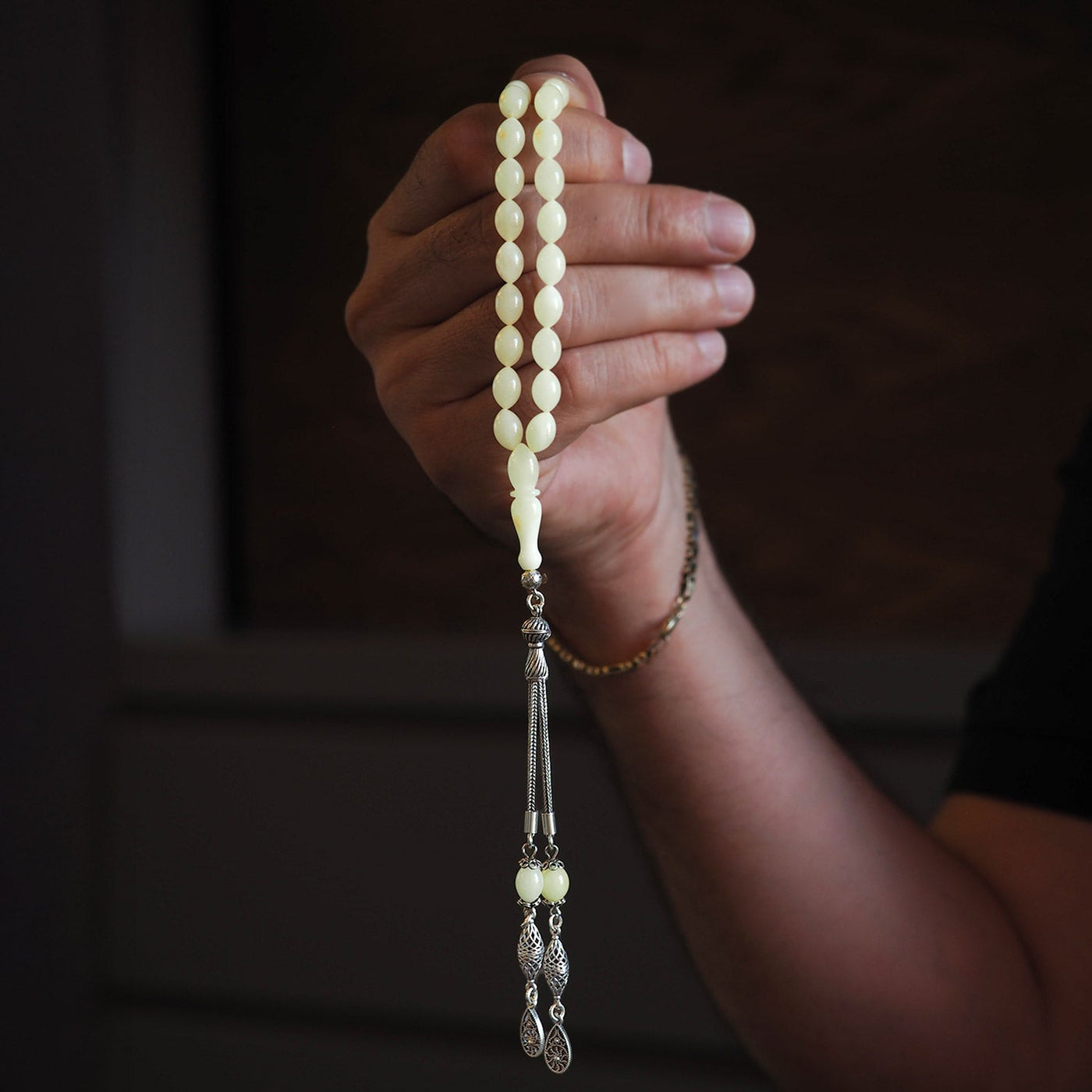 Damla Kehribar Tesbih - Arpa Kesim (Gümüş İmame Nakkaş İşçilik) – WATD036