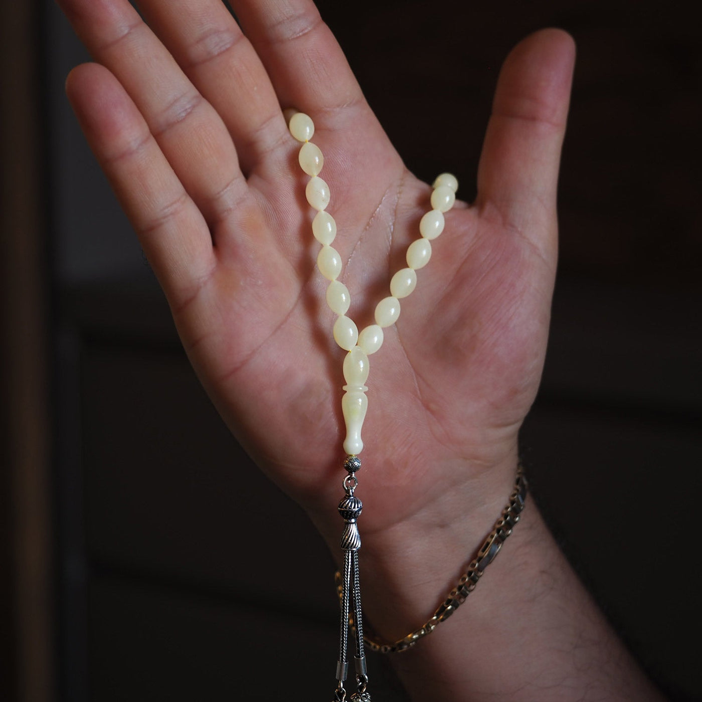 Damla Kehribar Tesbih - Arpa Kesim (Gümüş İmame Nakkaş İşçilik) – WATD036