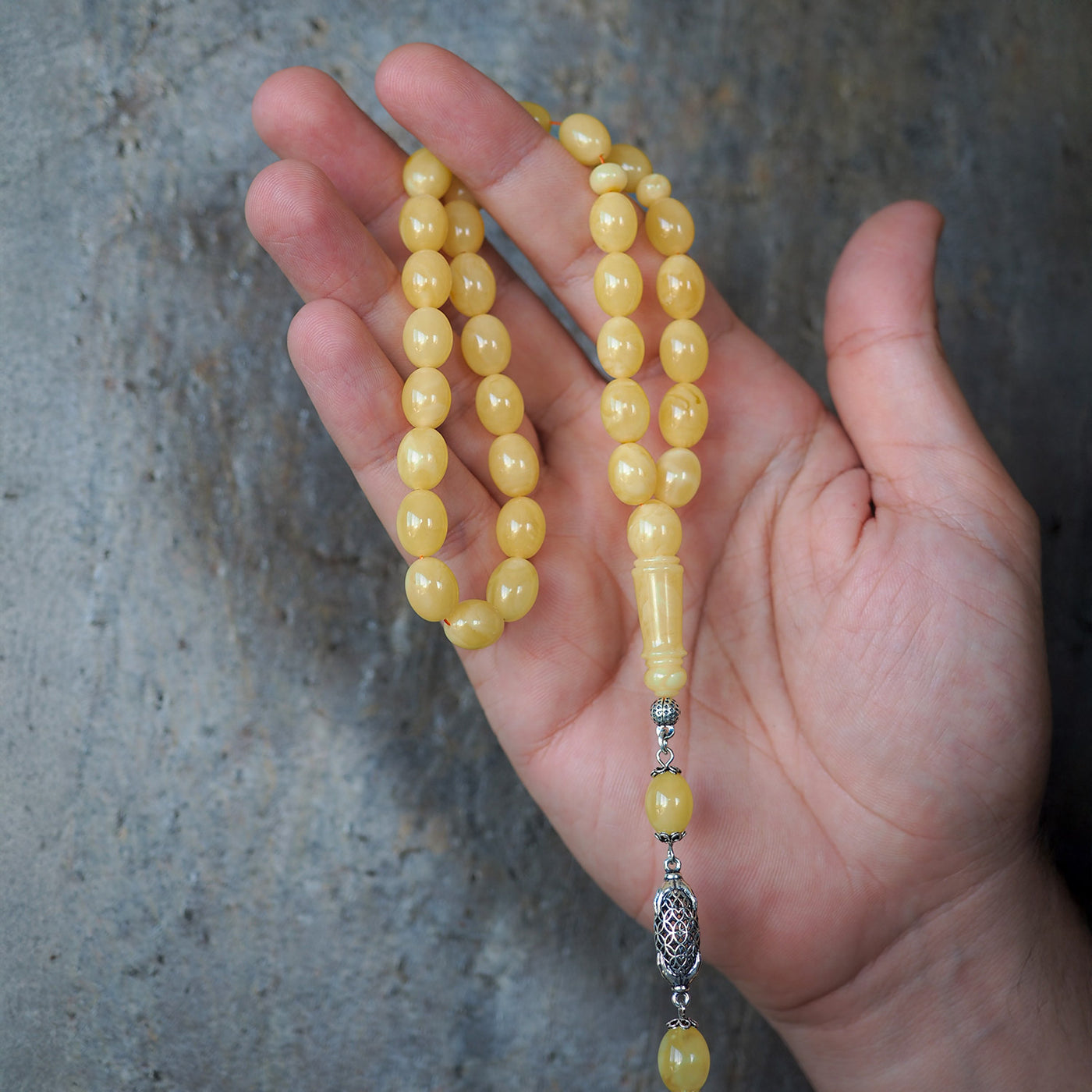 Gümüş İşlemeli Damla Kehribar Tesbih - WATD105