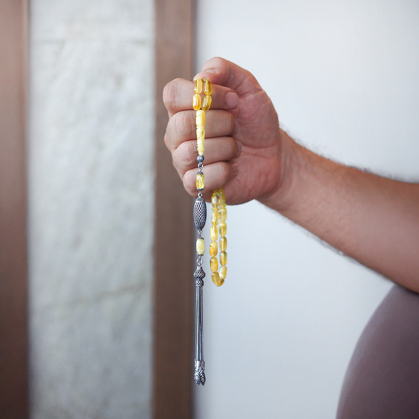 Gümüş İşlemeli Damla Kehribar Tesbih - WATD106