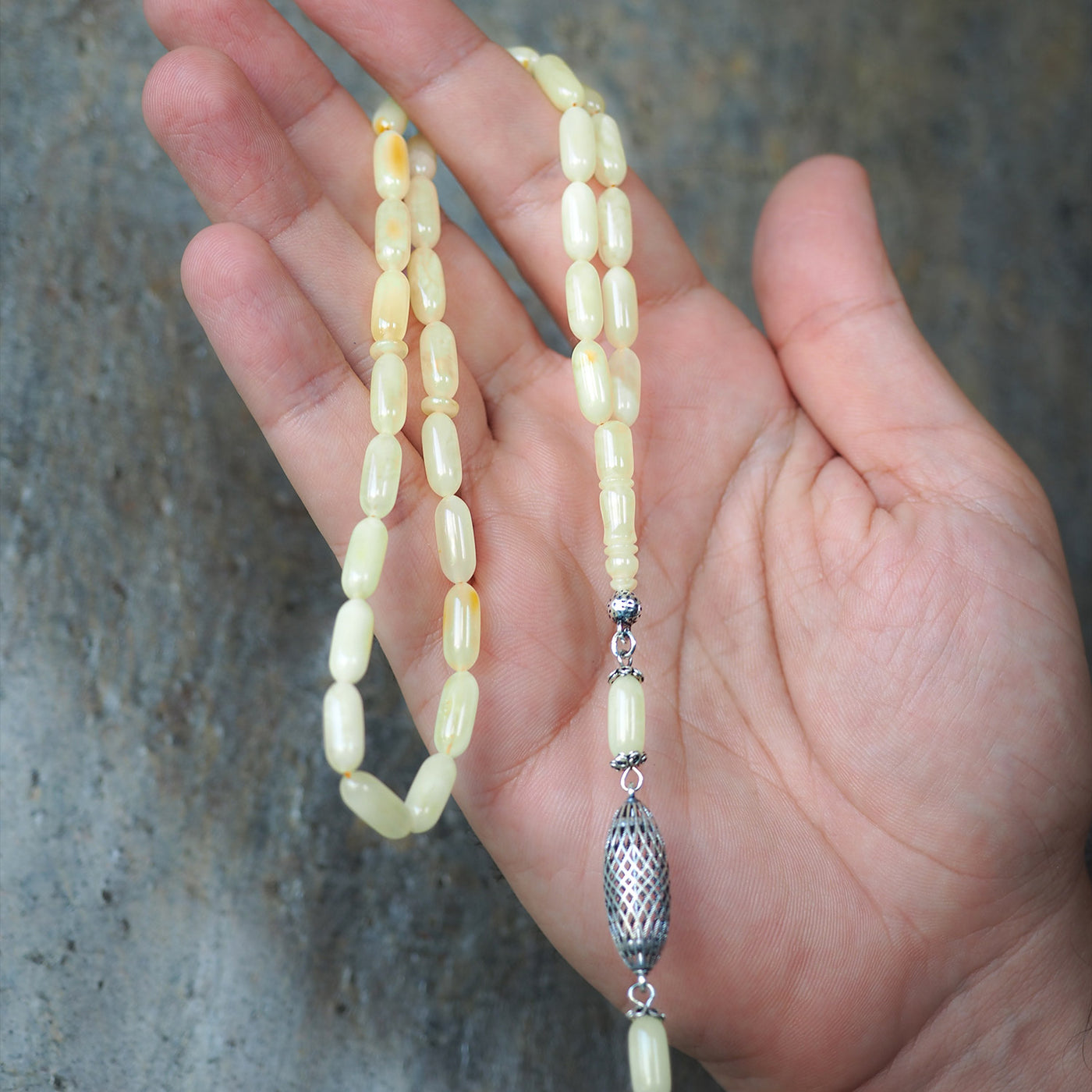 Gümüş İşlemeli Damla Kehribar Tesbih - WATD107