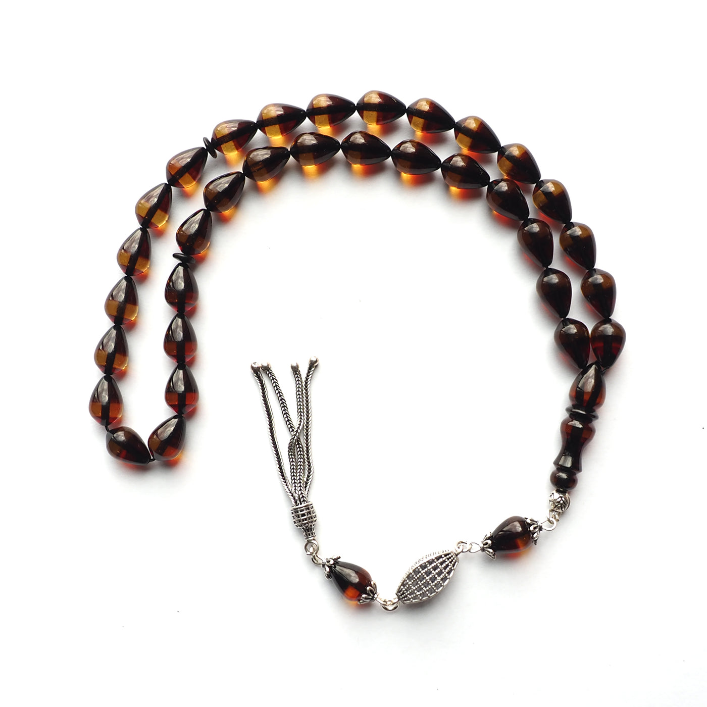 Gümüş Püsküllü Sürmeli Ateş Sıkma Kehribar Tesbih - WATD127